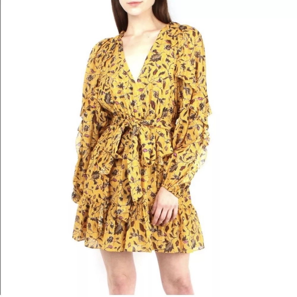 Ulla Johnson Maita Yellow Floral Ruffle Long Sleeve Silk Mini Dress - Size 2. - Picture 2 of 9
